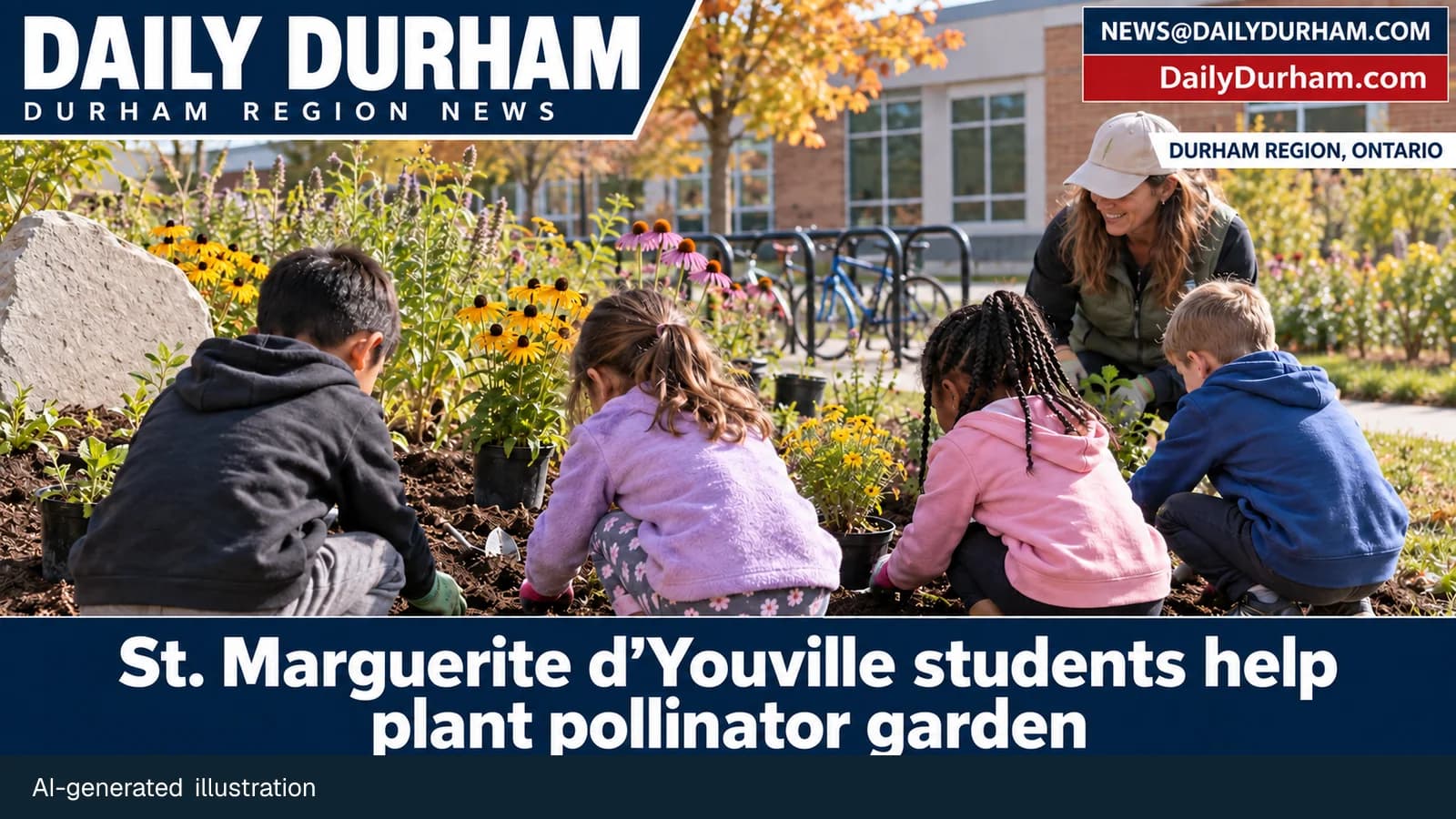 AI-generated illustration of students planting a pollinator garden at a Durham Catholic school.