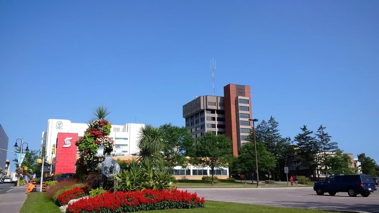 Oshawa City Hall tower behind a landscaped flower bed with red flowers on a sunny day; no identifiable people