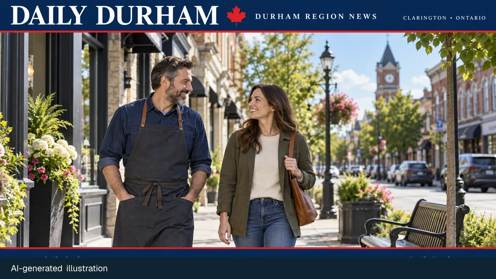 Generic residents walking through a downtown streetscape for a Clarington community investment announcement; AI-generated illustration.