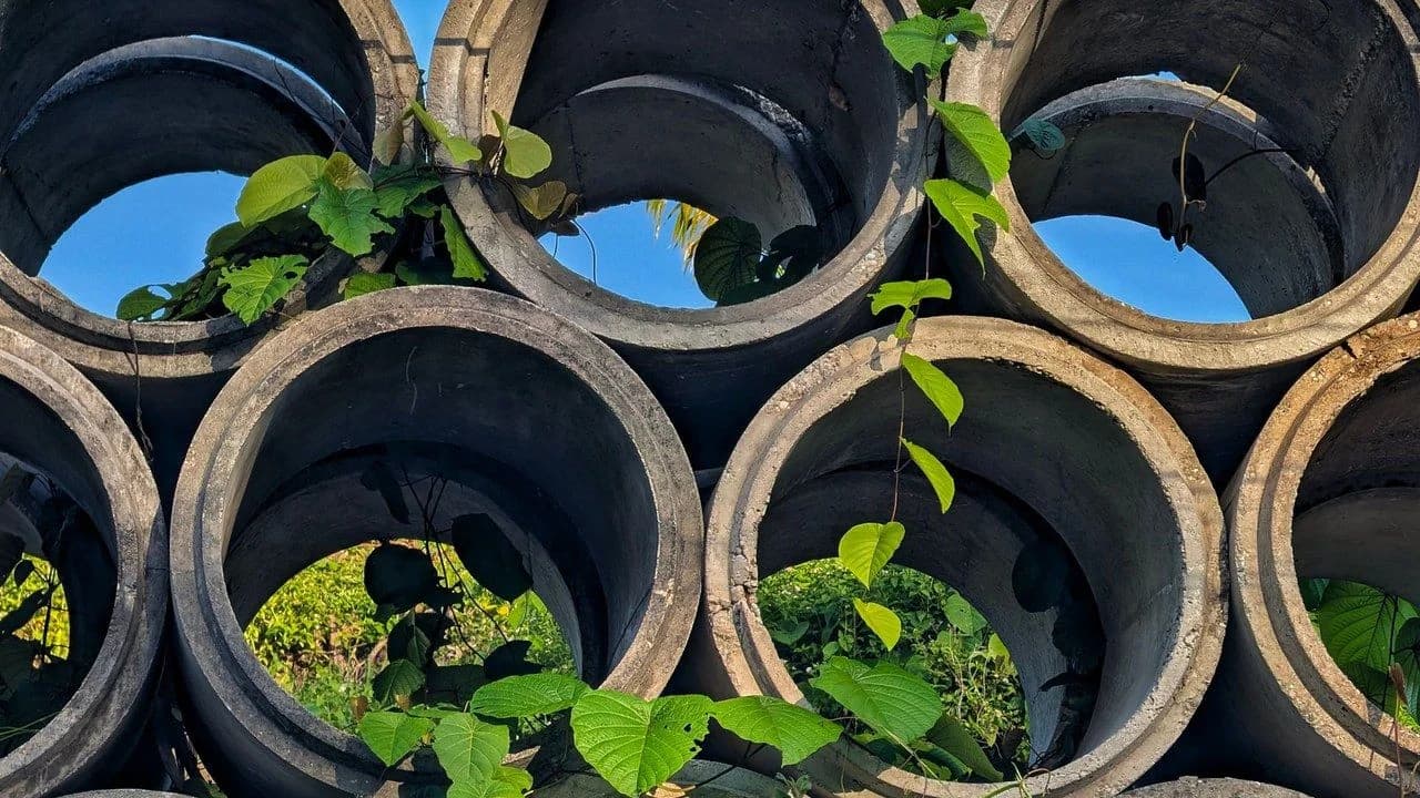 Stacked concrete culvert pipes outdoors under a clear blue sky; no people visible
