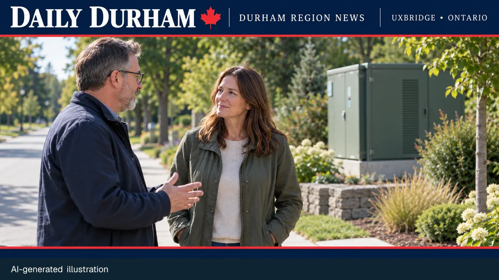 Generic residents beside non-specific utility infrastructure for a Uxbridge announcement; AI-generated illustration.