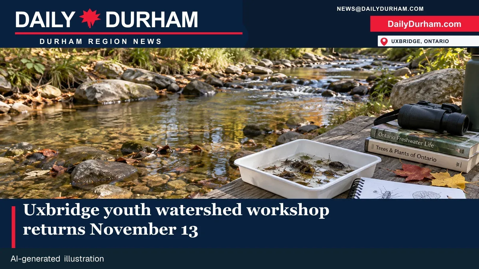 Creekside youth watershed fieldwork materials in Uxbridge AI-generated illustration.