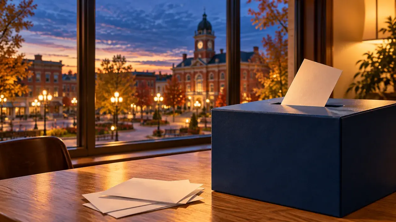 A navy ballot box with blank paper ballots beside a window overlooking an illustrative civic square at dusk.