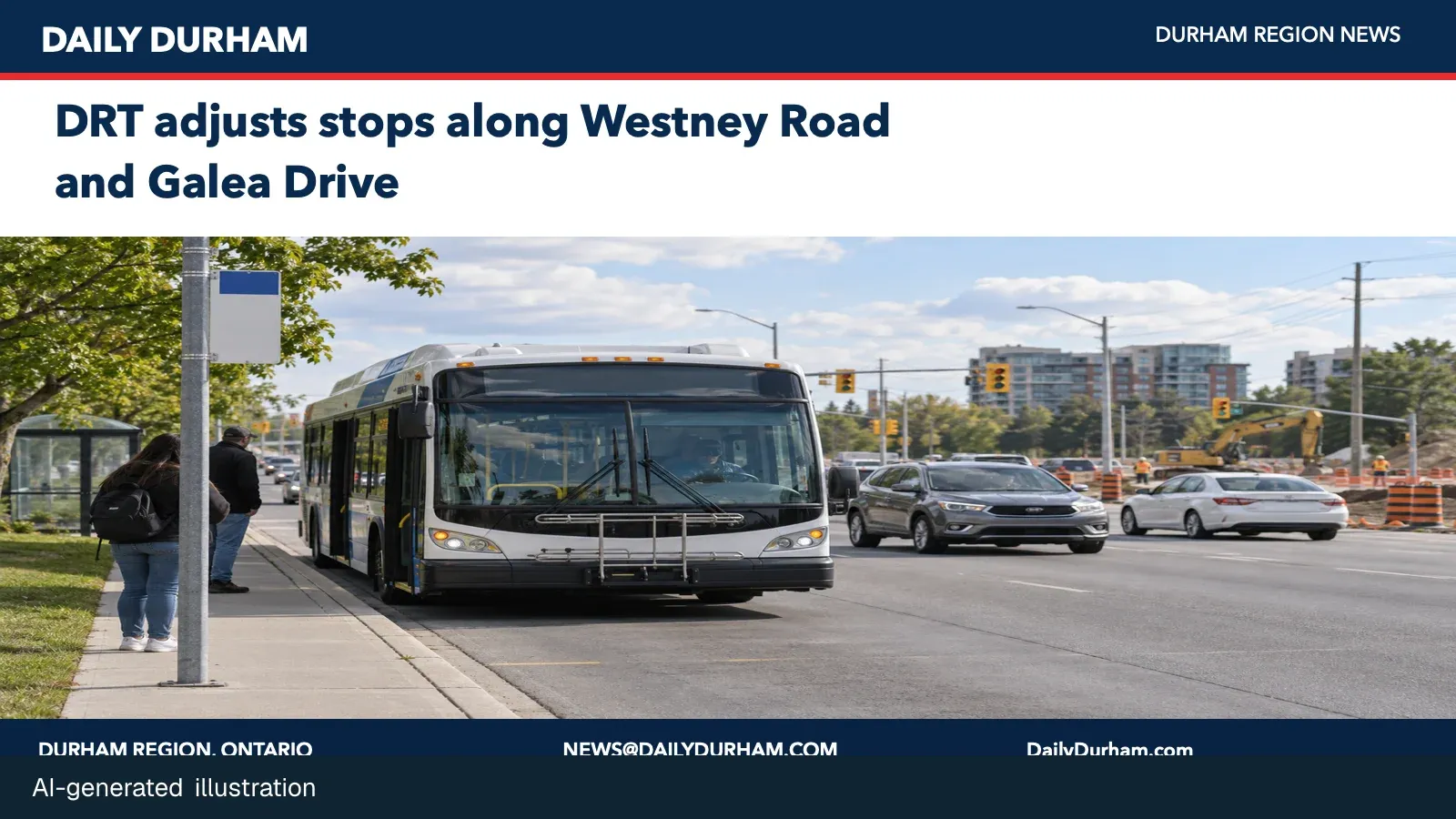 AI-generated illustration of a Durham Region transit bus and temporary stop along a road corridor.
