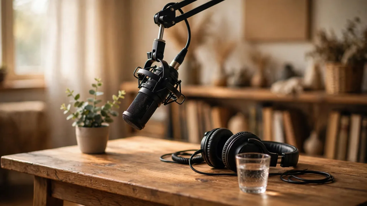 AI-generated illustration of a warm podcast studio scene with a microphone and an autumn Durham streetscape