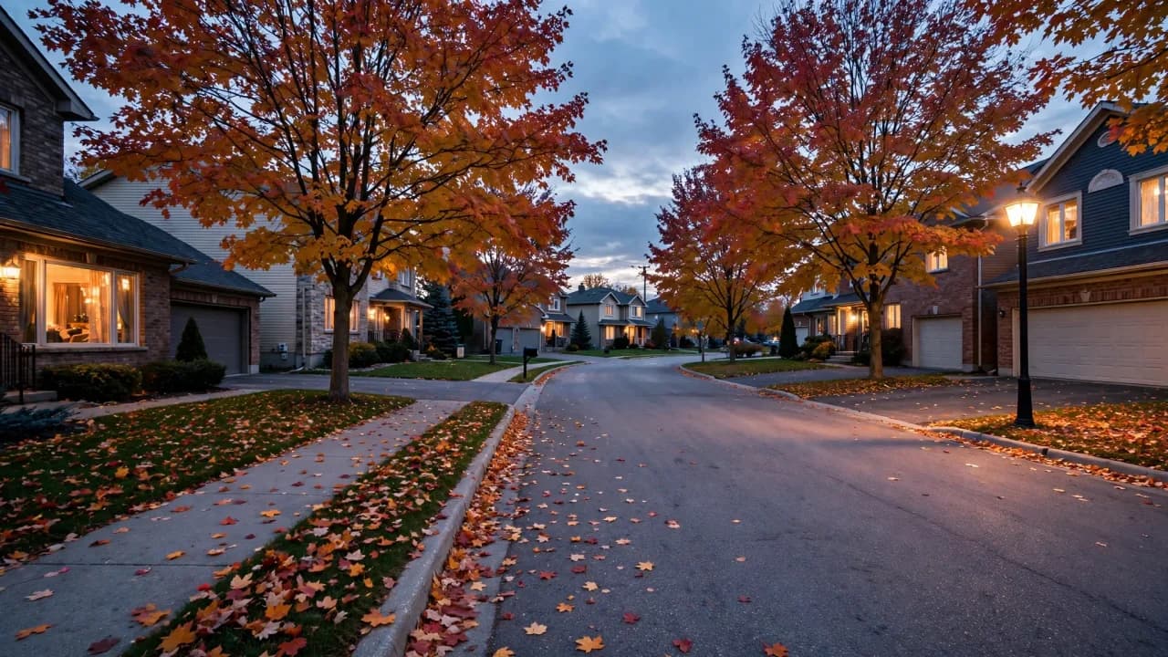 AI-generated illustration of a quiet suburban Whitby street at dusk in autumn, with a glowing street lamp and fall foliage