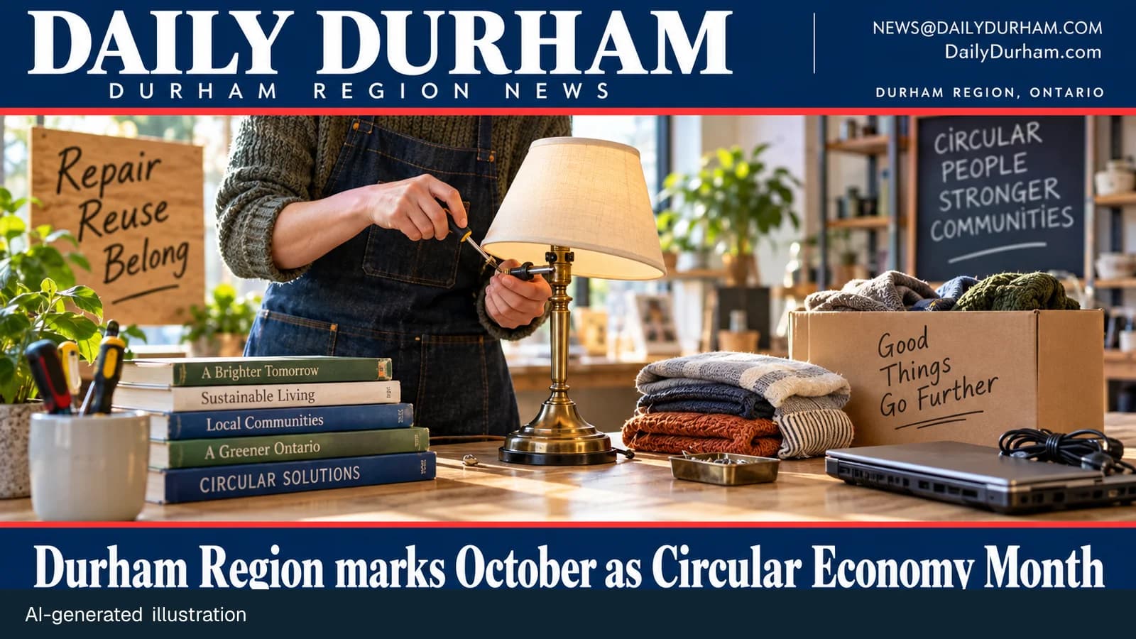 Editorial illustration of a resident repairing a household lamp at a community reuse workshop, with books, textiles and electronics for reuse; no specific event or organization shown.