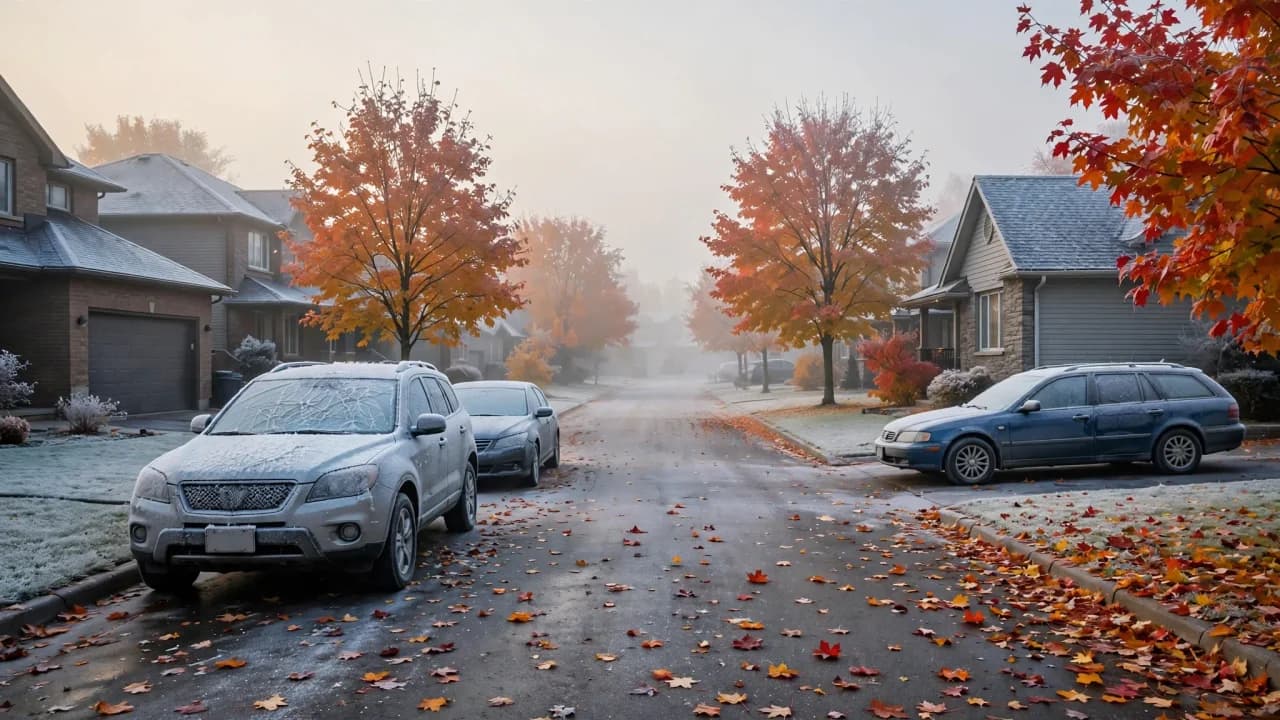 AI-generated illustration of a frosty suburban street at dawn with autumn leaves