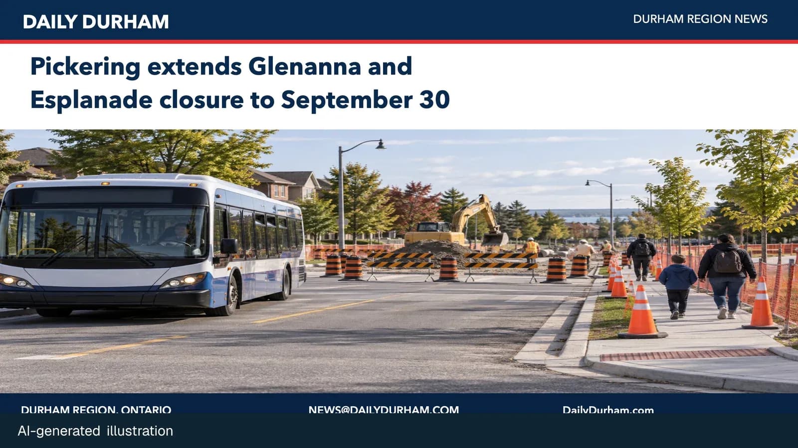 AI-generated illustration of a Durham Region bus approaching a suburban road closure and pedestrian detour.