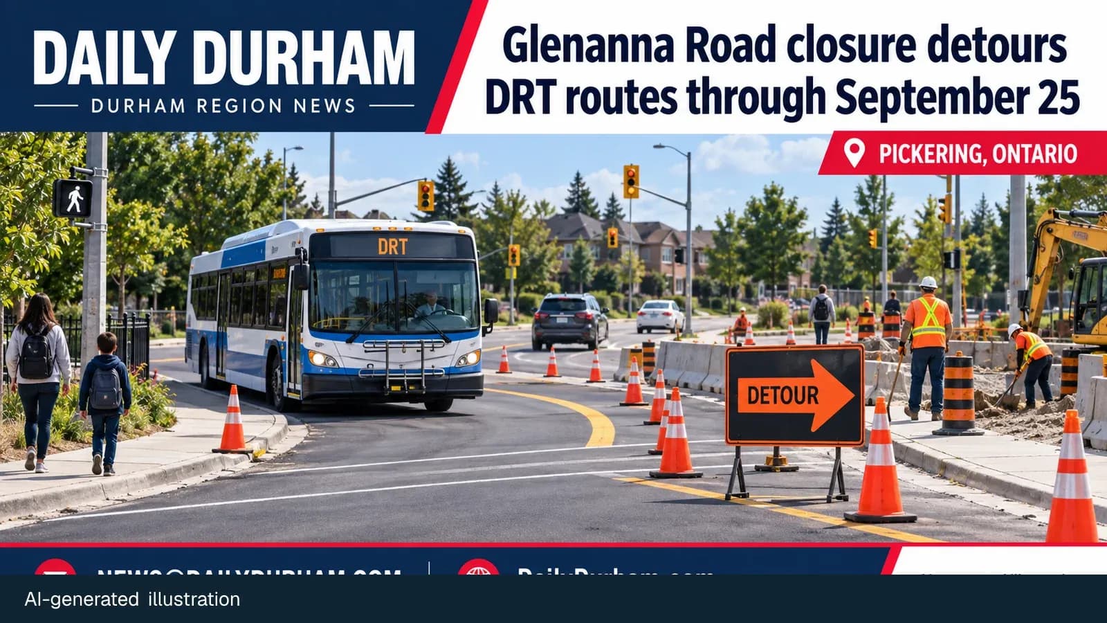 AI-generated Daily Durham illustration of a generic Pickering road detour with bus, cones, work crew and open sidewalk; not the actual Glenanna intersection.