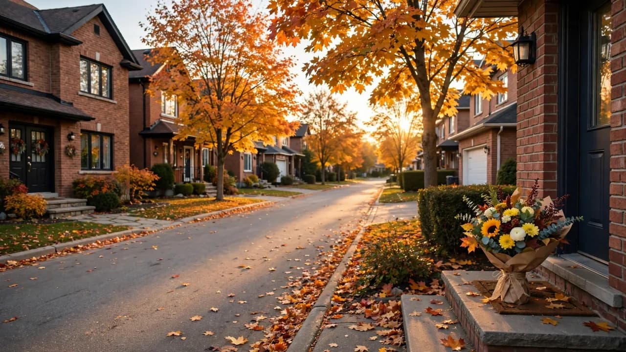 AI-generated illustration of a suburban street at golden hour with a get-well flower bouquet on a front doorstep