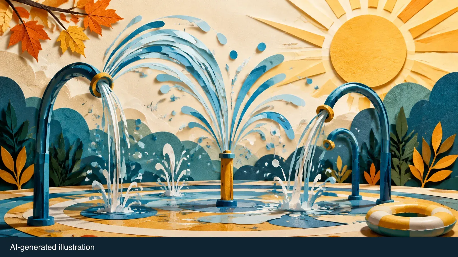 Illustrated splash-pad water jets and a late-summer sun. AI-generated illustration.