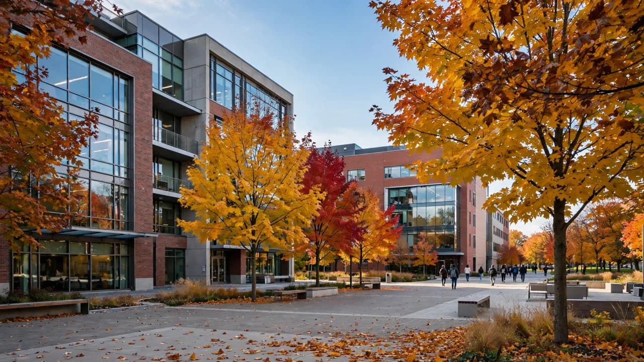 AI-generated illustration of a university campus in autumn