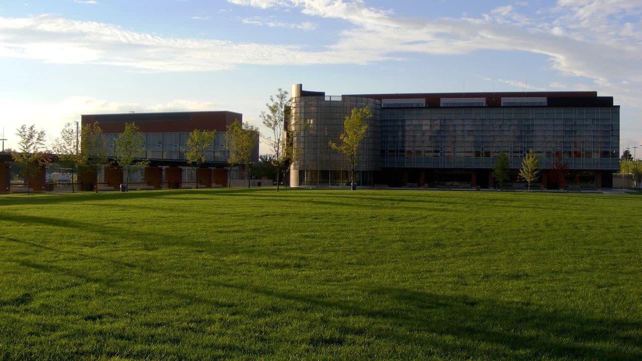 The Library and Engineering Building at Ontario Tech University in Oshawa, seen across a green lawn; no people present