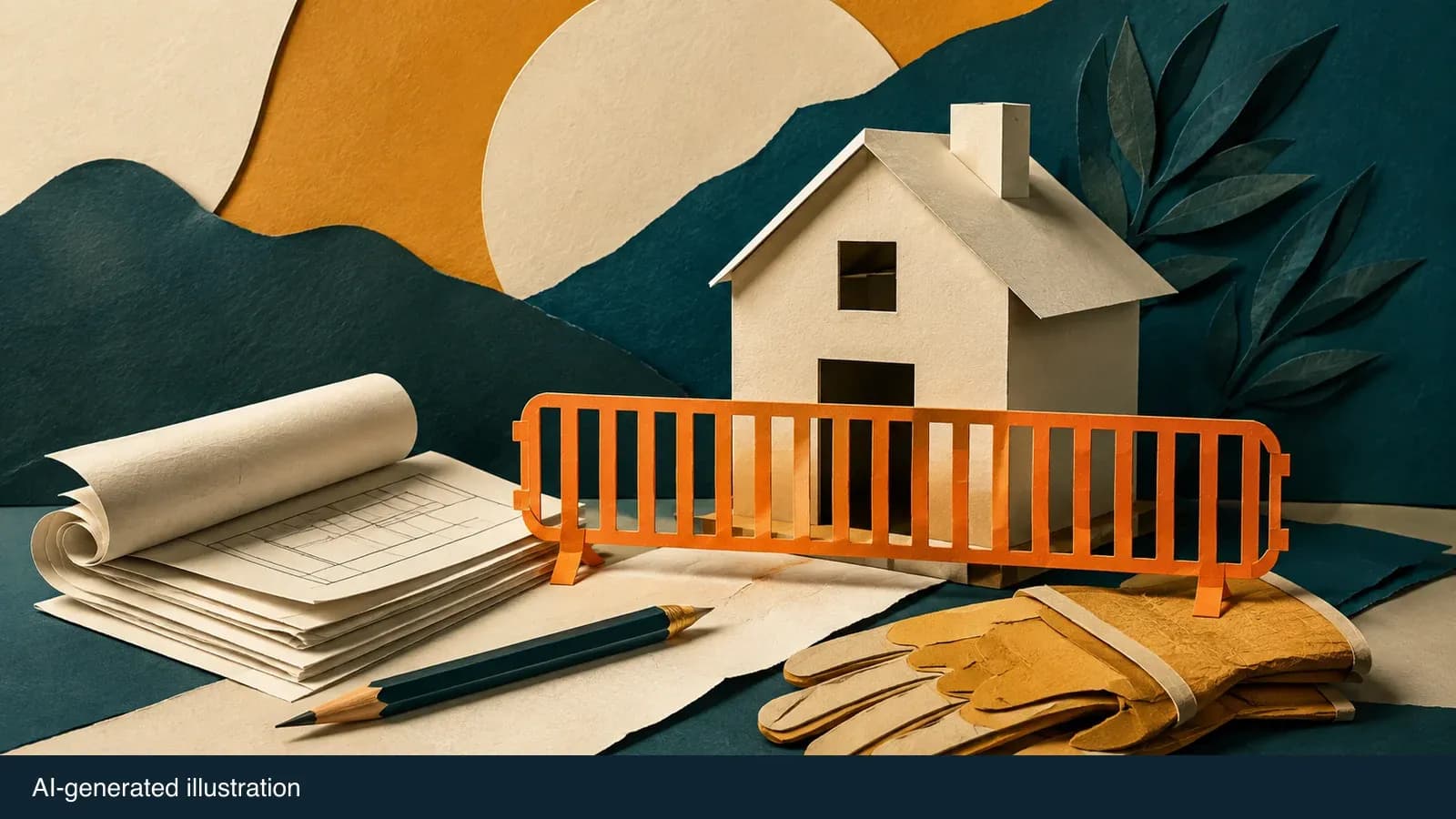 Illustrated plans, work gloves and a building symbol for planned demolition. AI-generated illustration.