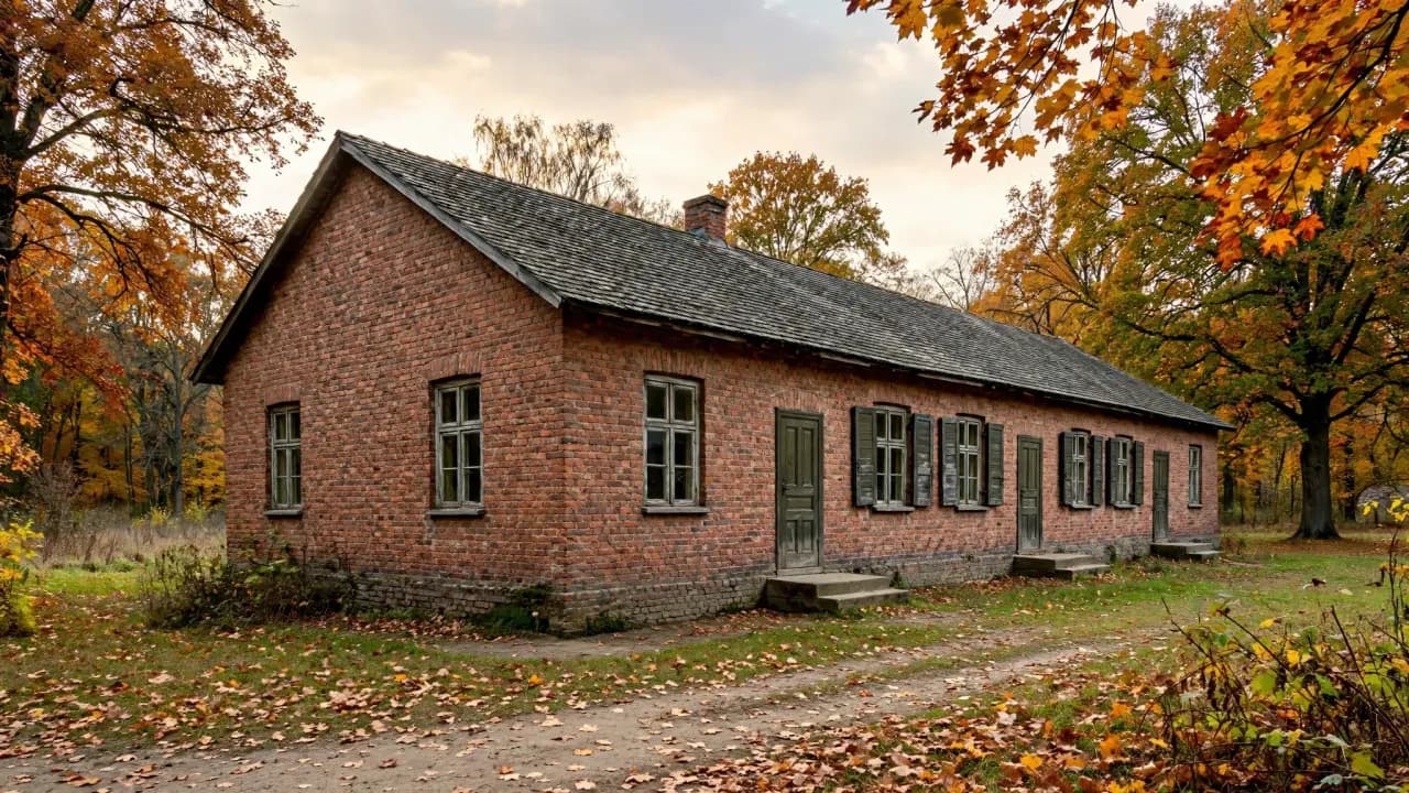 AI-generated illustration of a historic brick barracks building surrounded by autumn trees