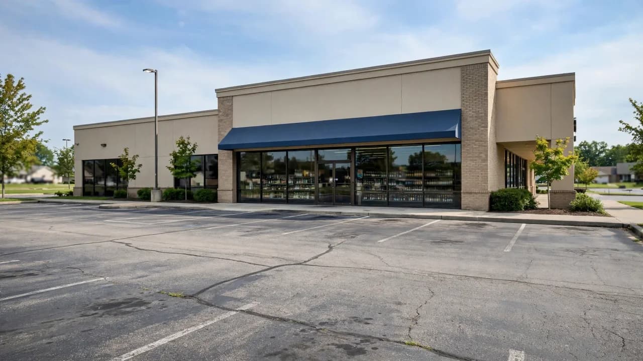 AI-generated illustration of a suburban liquor store storefront exterior in daylight with an empty parking lot