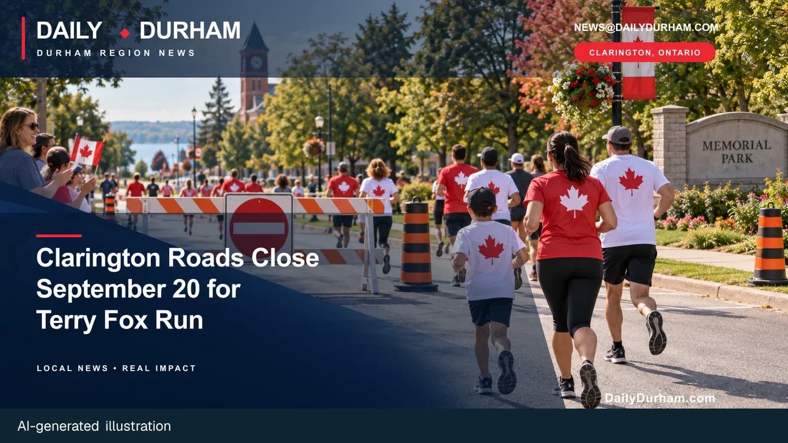 AI-generated Daily Durham editorial illustration for the Clarington Terry Fox Run road-closure notice.