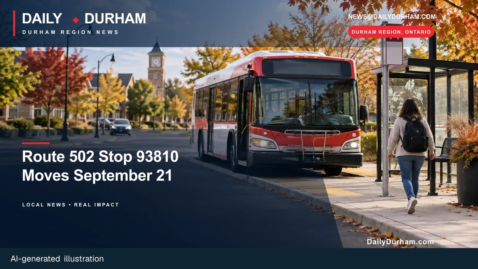 AI-generated Daily Durham editorial illustration for Durham Region Transit Route 502 Stop 93810 moving September 21.