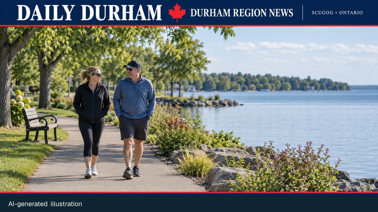 Generic people at a waterfront path for a Scugog municipal strategic-plan update; AI-generated illustration.