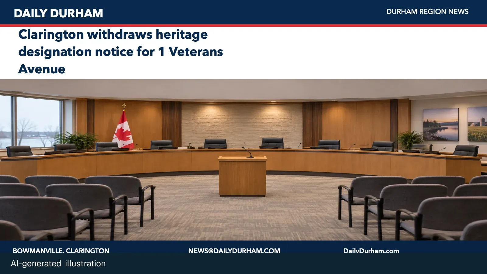 AI-generated illustration of a generic municipal council chamber; not a depiction of the property at 1 Veterans Avenue.