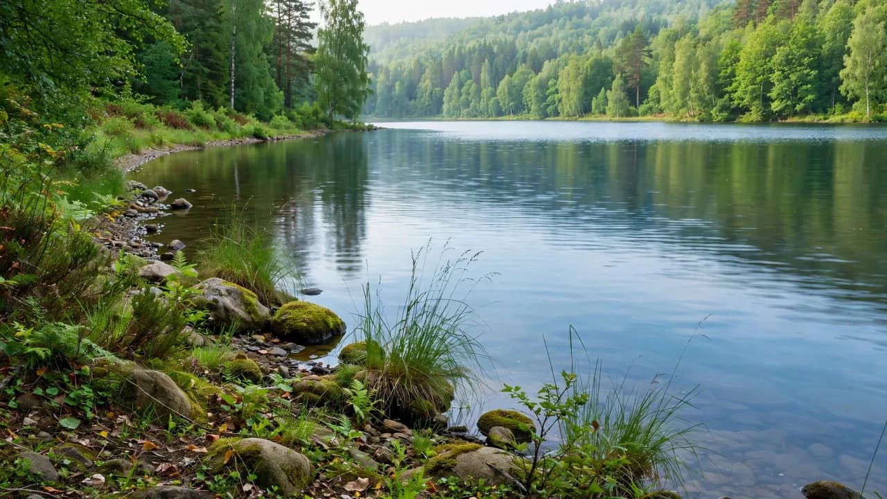 AI-generated illustration of a calm lake shoreline with trees
