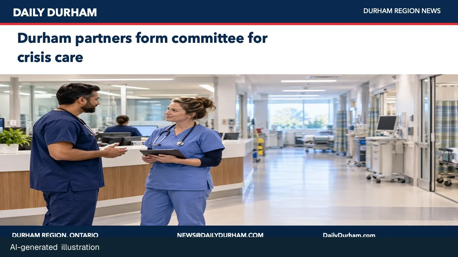 AI-generated illustration of two health-care professionals coordinating care in a calm hospital corridor.