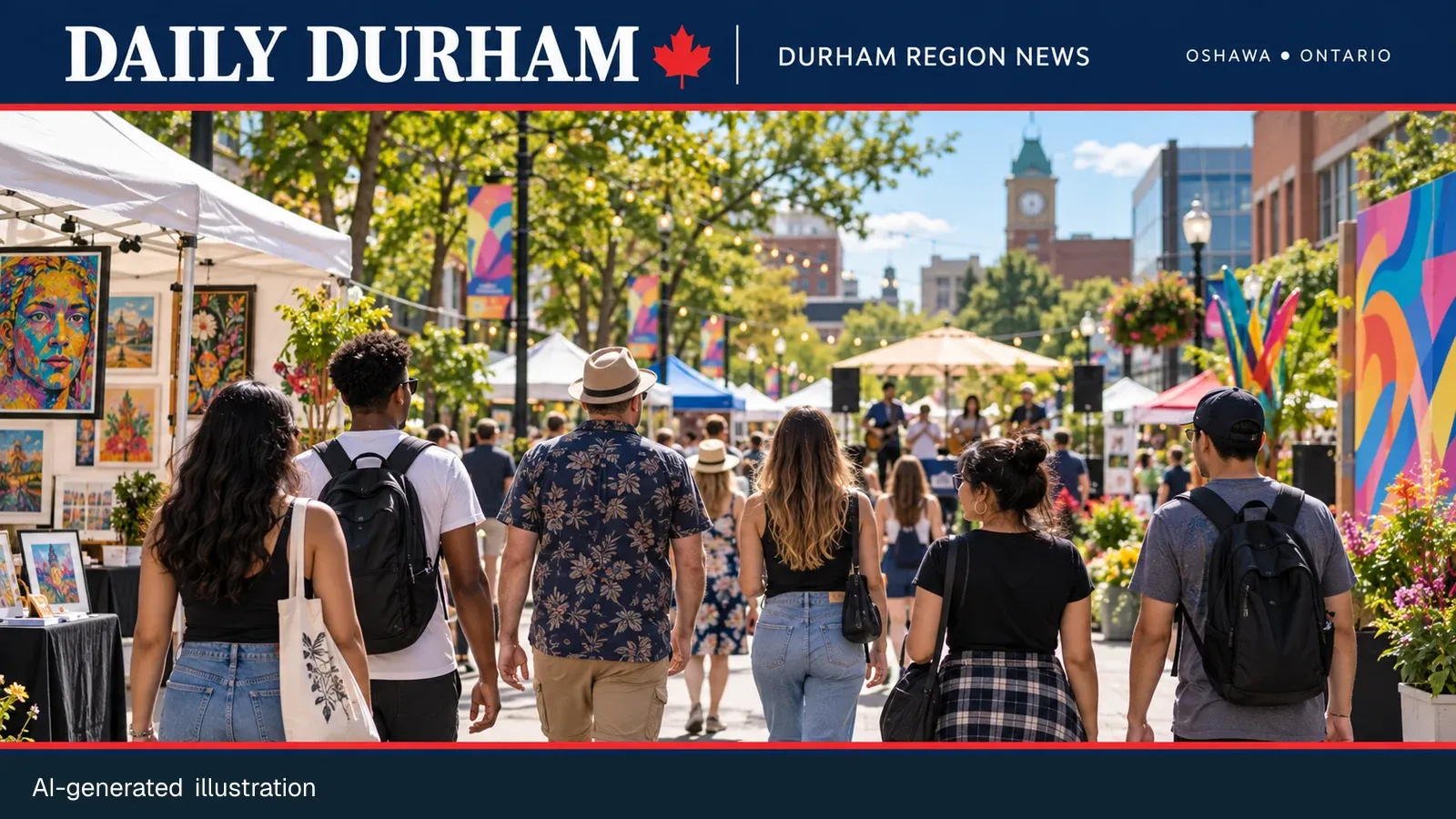 Generic people at an arts streetscape for an Oshawa festival preview; AI-generated illustration.