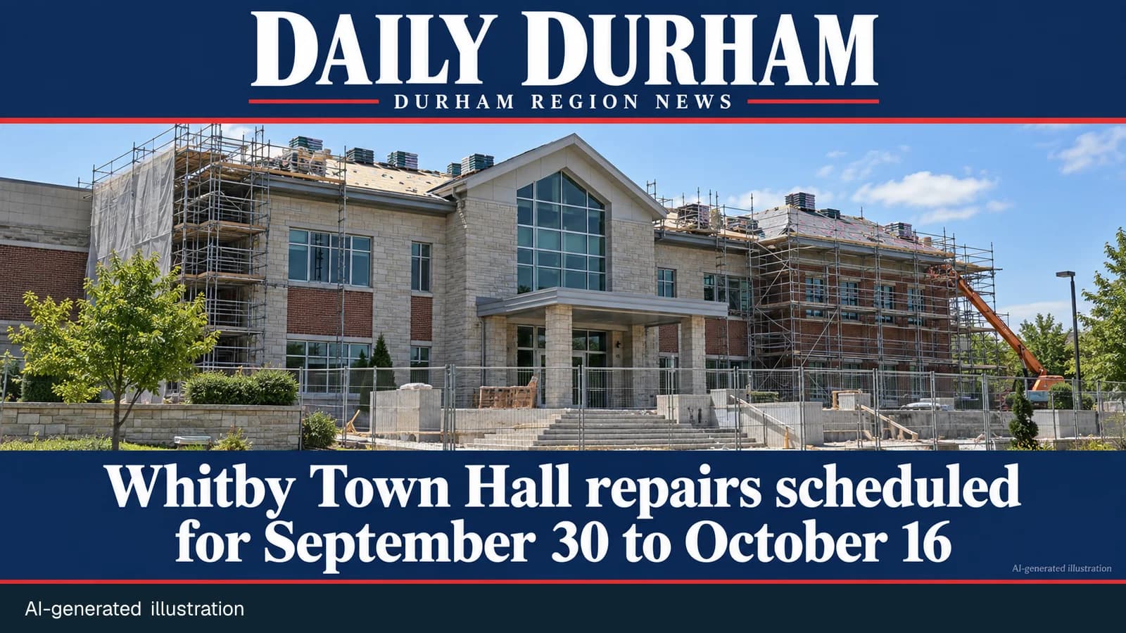 AI-generated illustration of a generic Ontario town hall exterior during roof and concrete repairs, with Daily Durham branding.