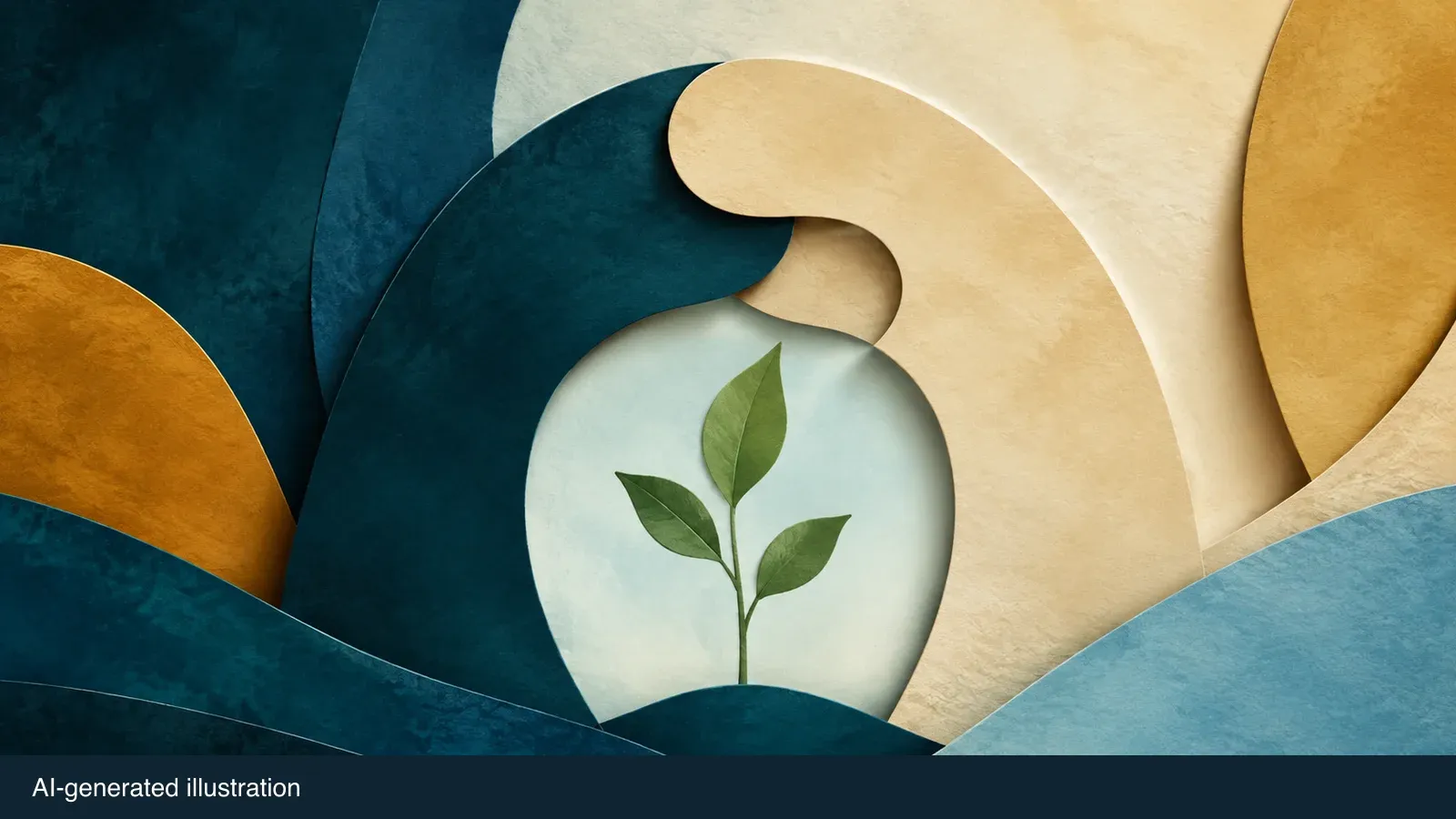 Abstract interlocking forms and plant representing a health partnership. AI-generated illustration.