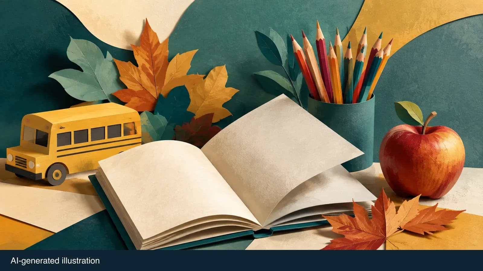 Illustrated school supplies, apple and a small school-bus symbol. AI-generated illustration.