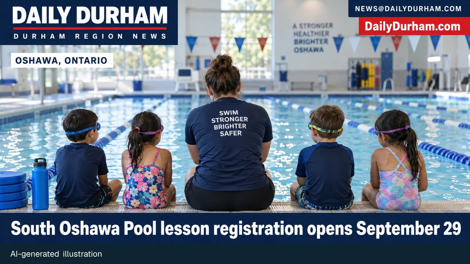 AI-generated illustration of a community swimming lesson at an indoor pool, with Daily Durham branding.