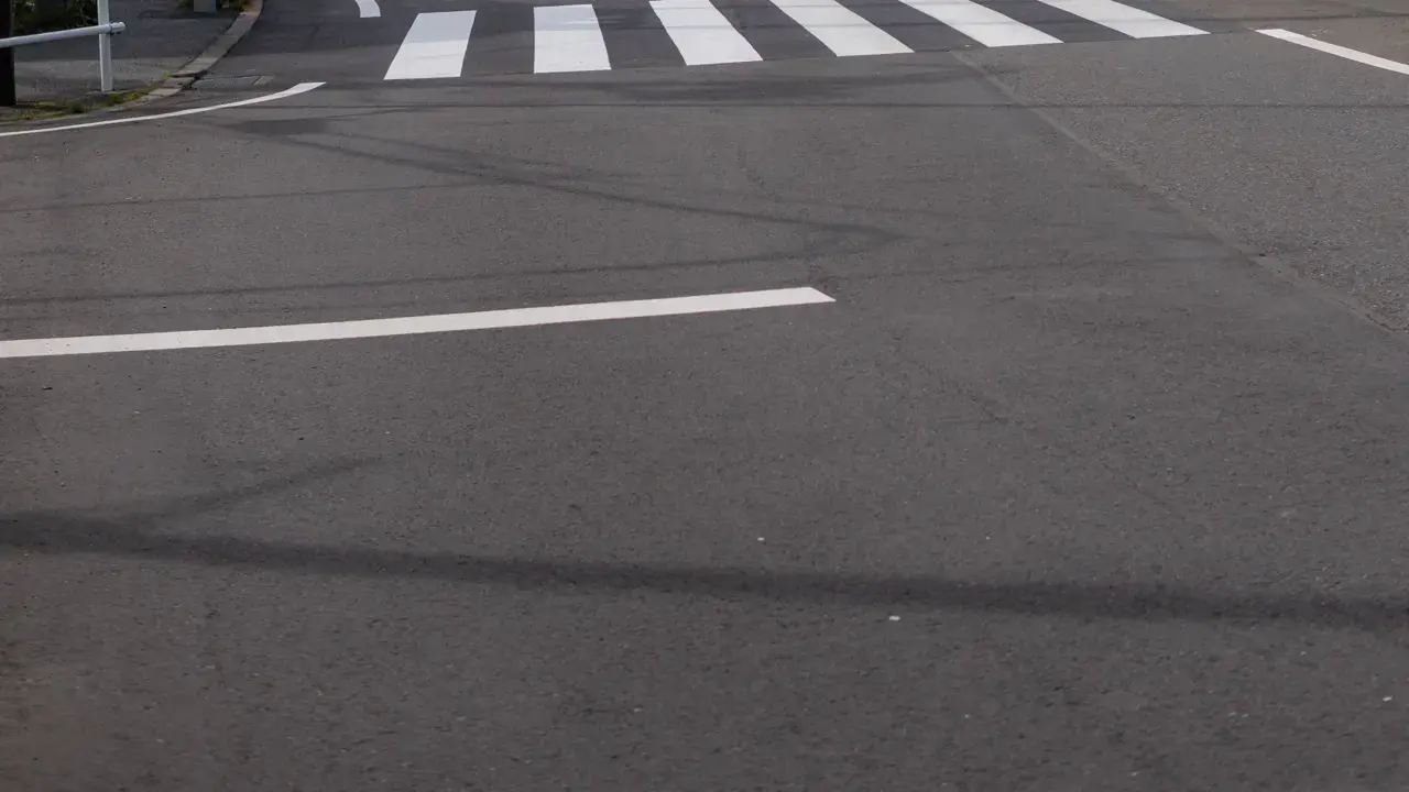 Empty asphalt road with a white crosswalk and lane markings; no people visible.