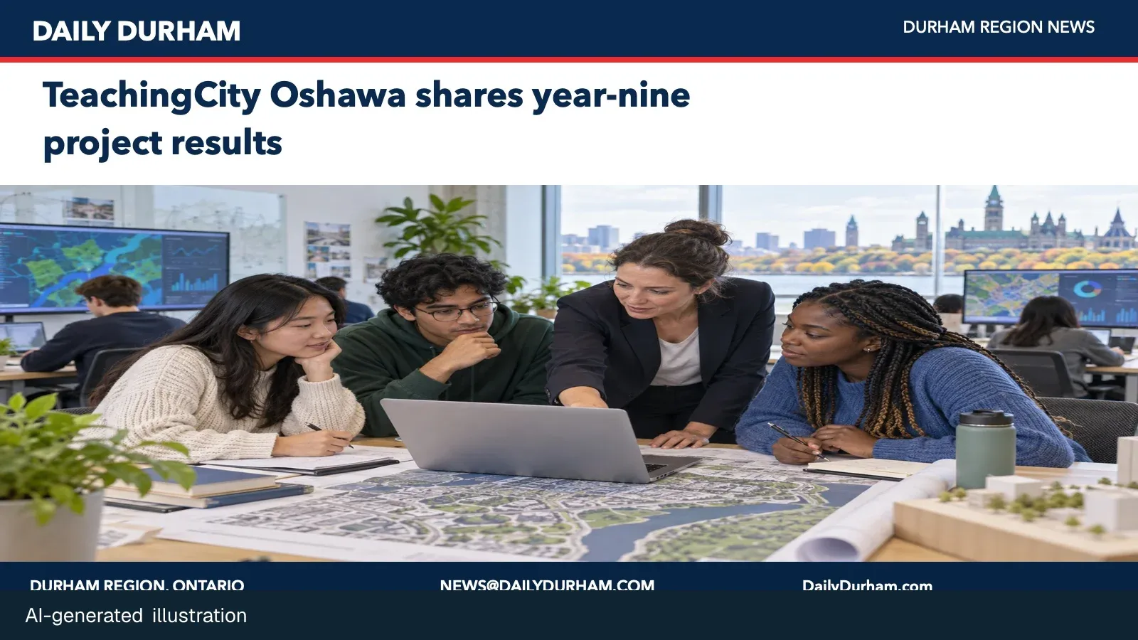 AI-generated illustration of students and a municipal professional reviewing an urban planning map at a campus lab.