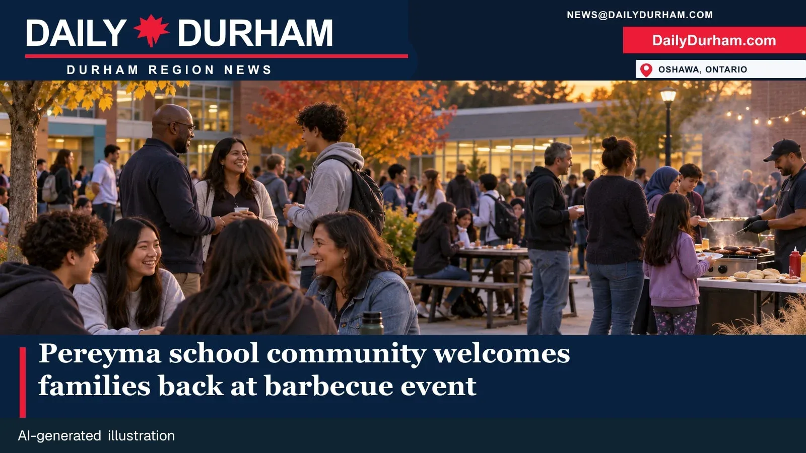 Families and students at an outdoor school community barbecue in Oshawa AI-generated illustration.