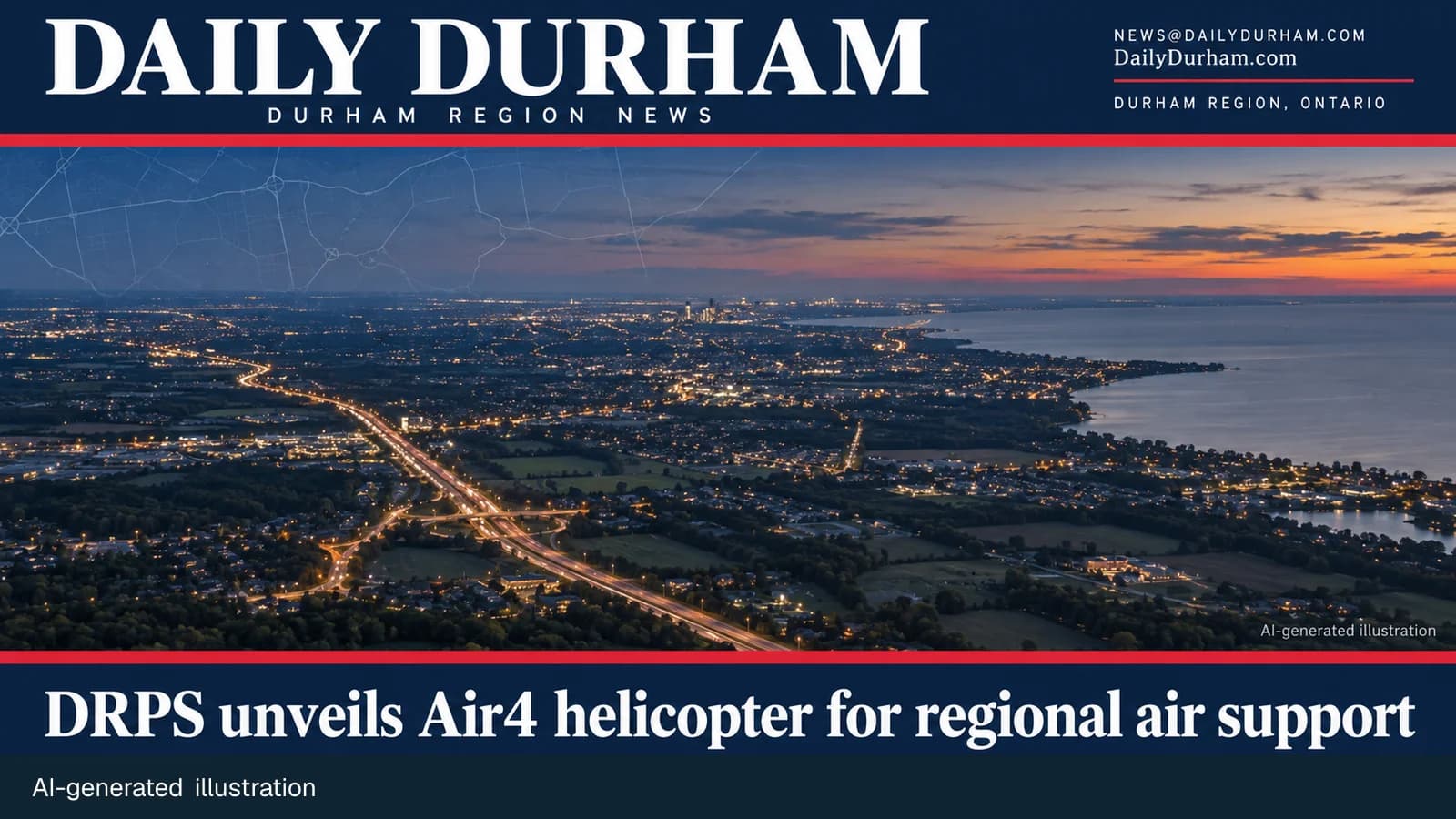 AI-generated illustration of the Durham Region landscape at dusk with subtle map lines, Daily Durham branding and the Air4 announcement headline.