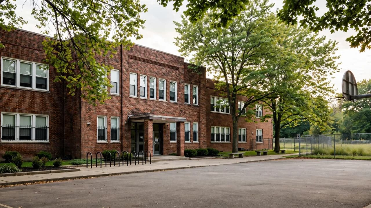 AI-generated illustration of an empty brick elementary school building