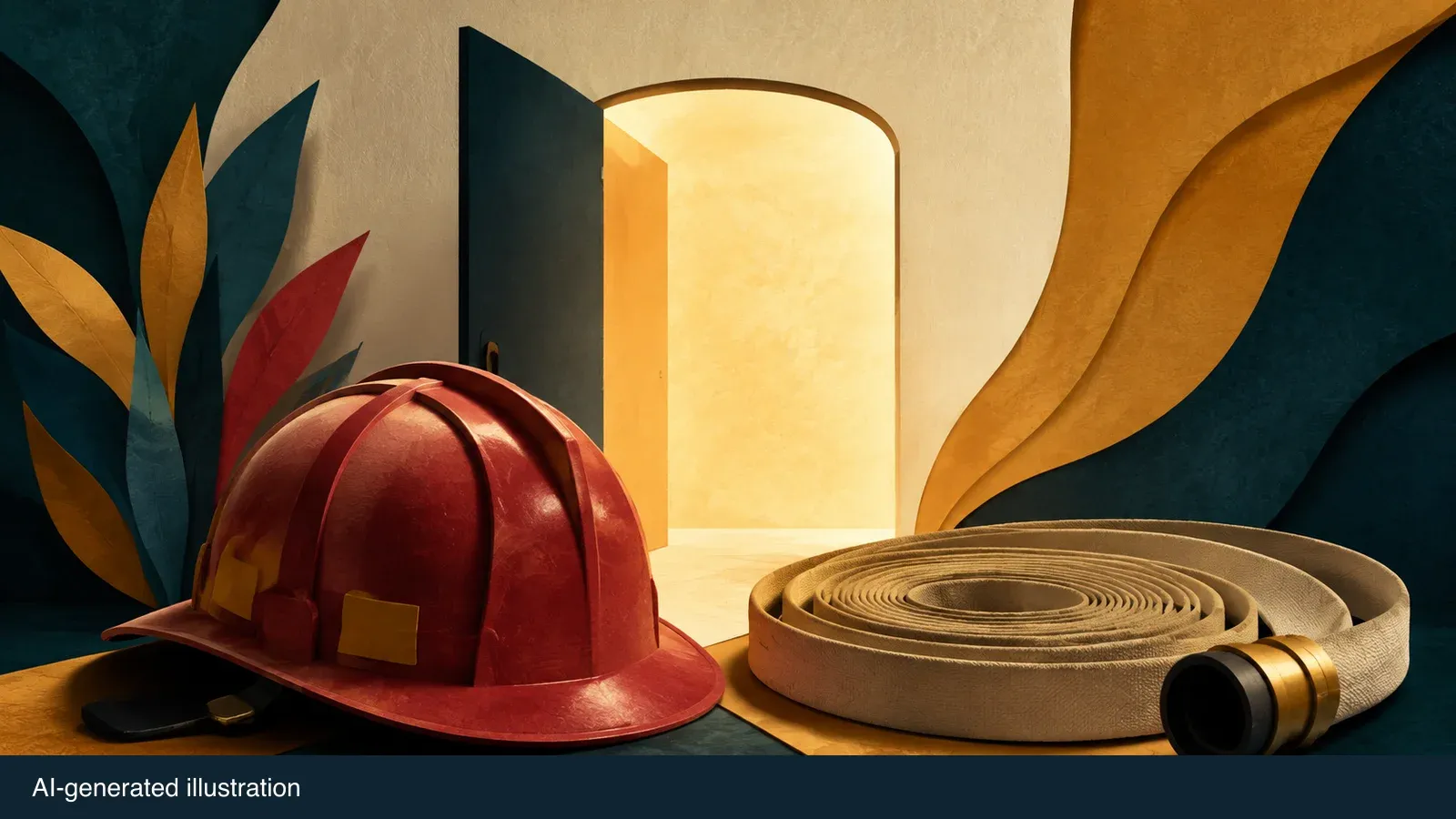 Illustrated firefighter equipment beside an open doorway. AI-generated illustration.