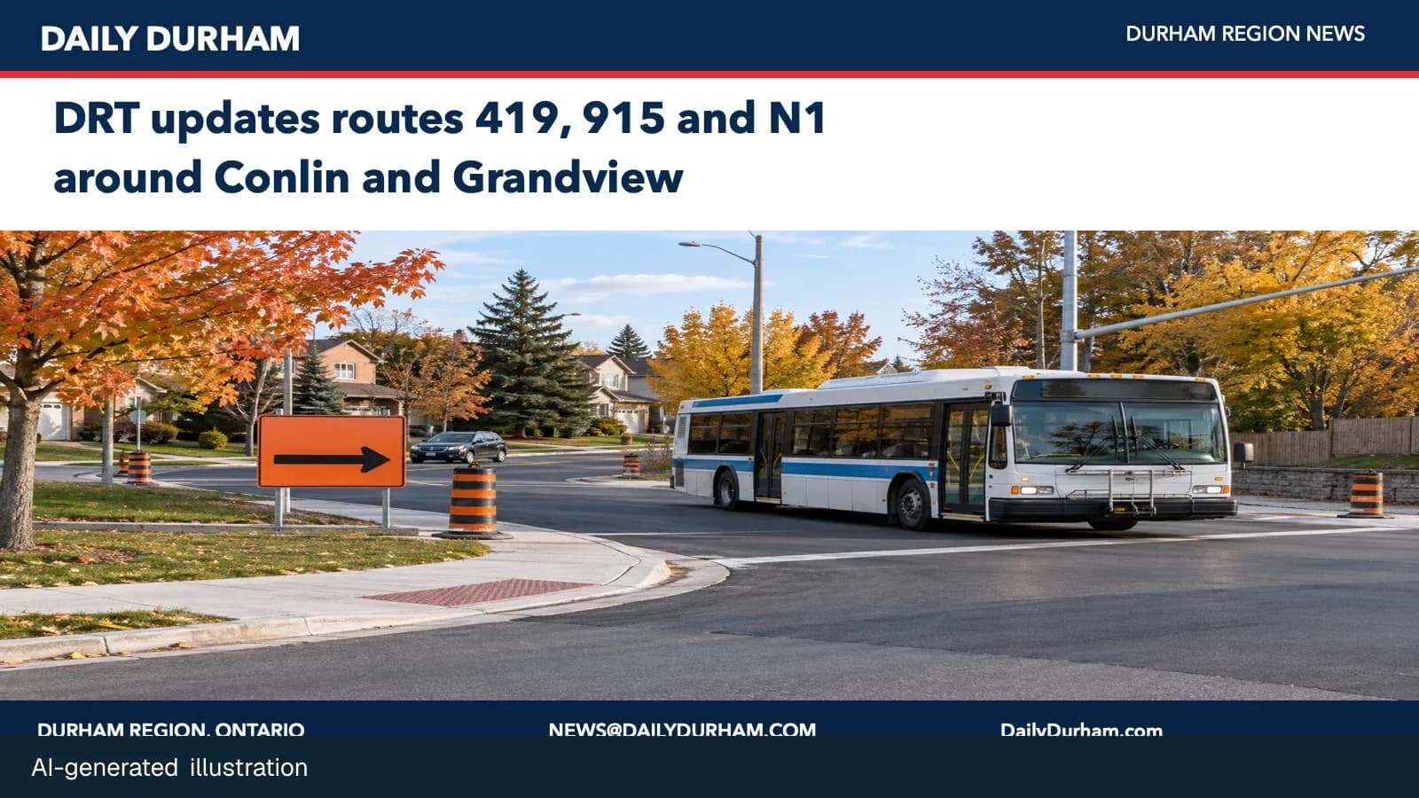 AI-generated illustration of a Durham Region transit bus at a suburban intersection during a route detour.