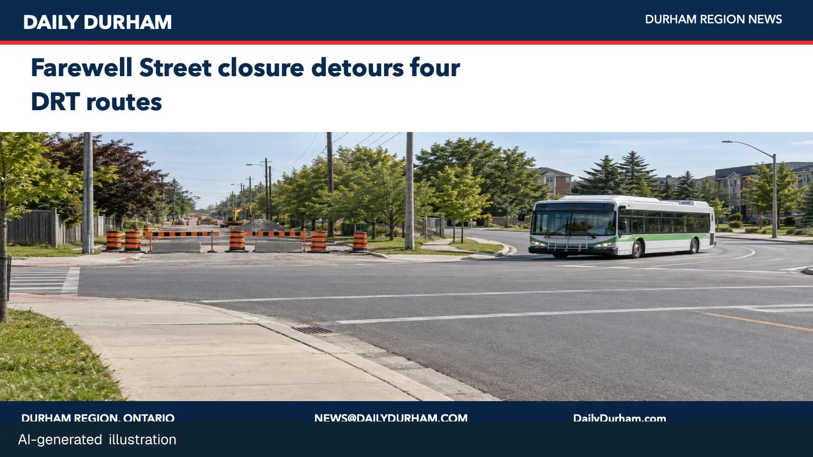 AI-generated illustration of a Durham Region transit bus navigating around a road closure.