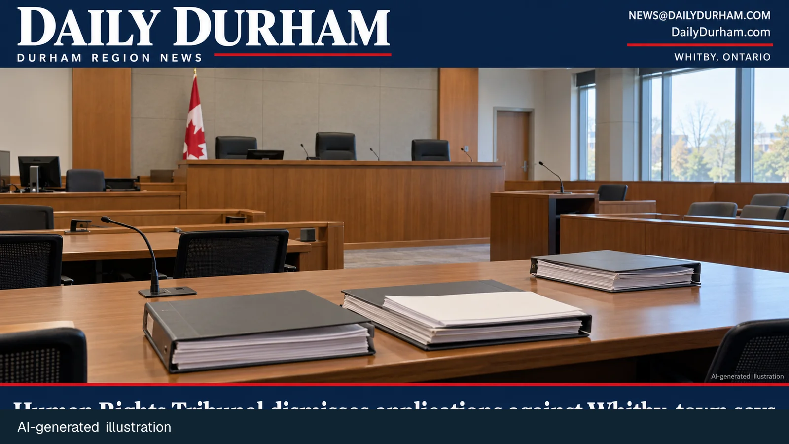Daily Durham branded AI-generated illustration of an empty, neutral hearing room with case folders, for a Whitby tribunal decision report.