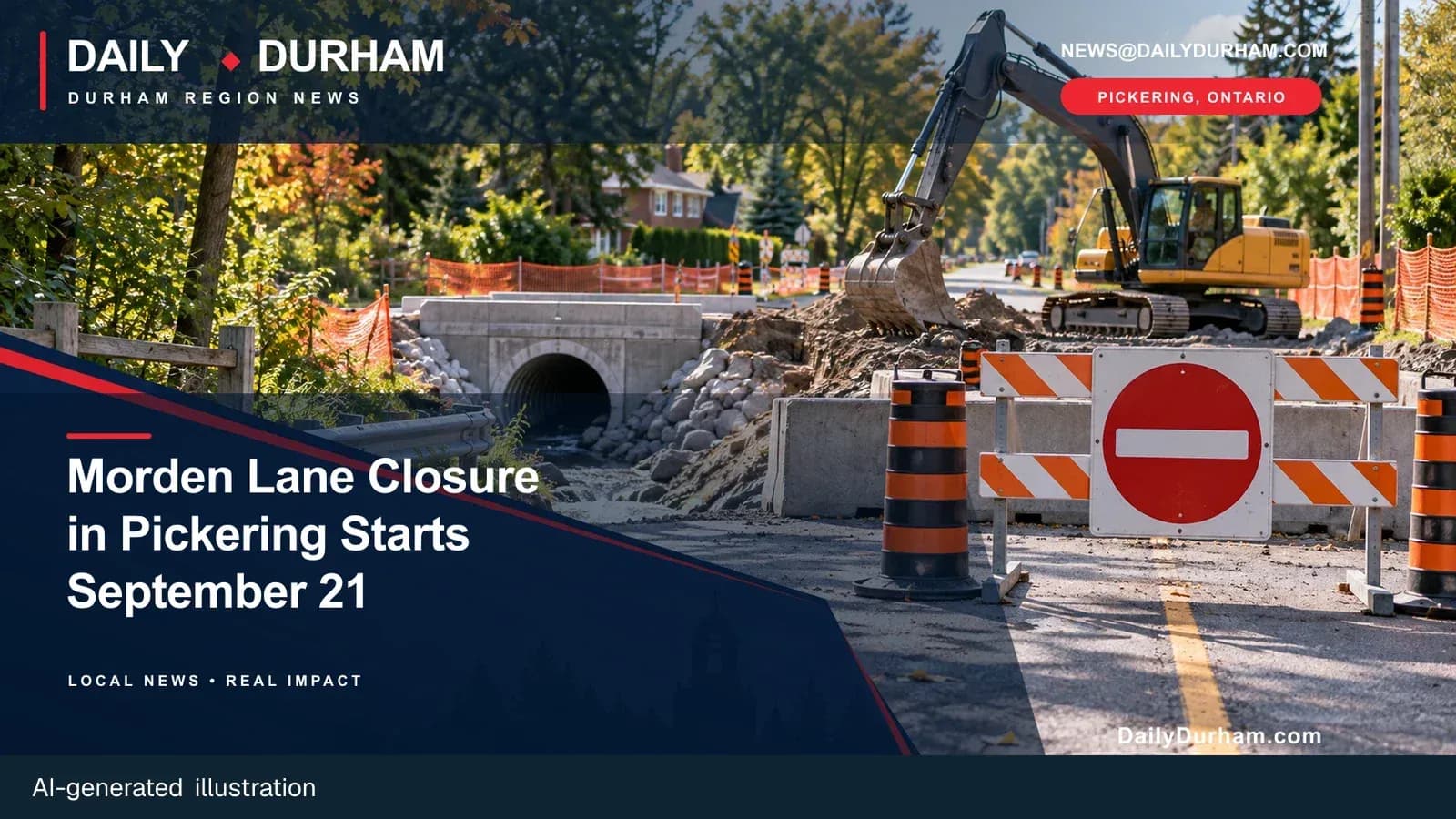 AI-generated Daily Durham editorial illustration for the Pickering Morden Lane closure notice.