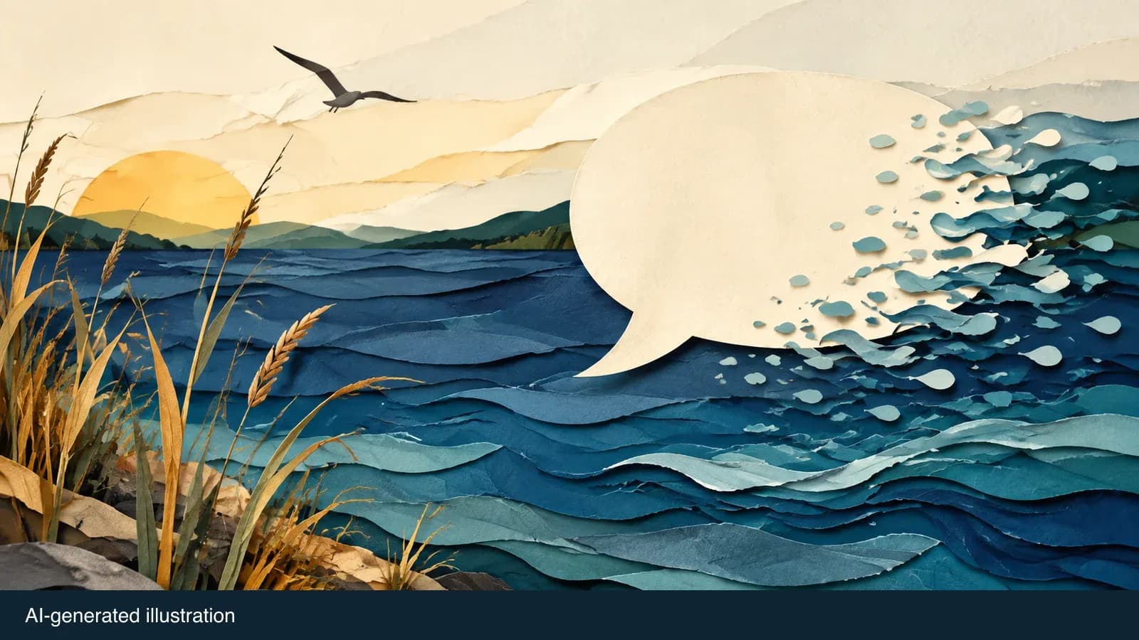 Illustrated lakeshore and speech-bubble motif representing public clarification. AI-generated illustration.