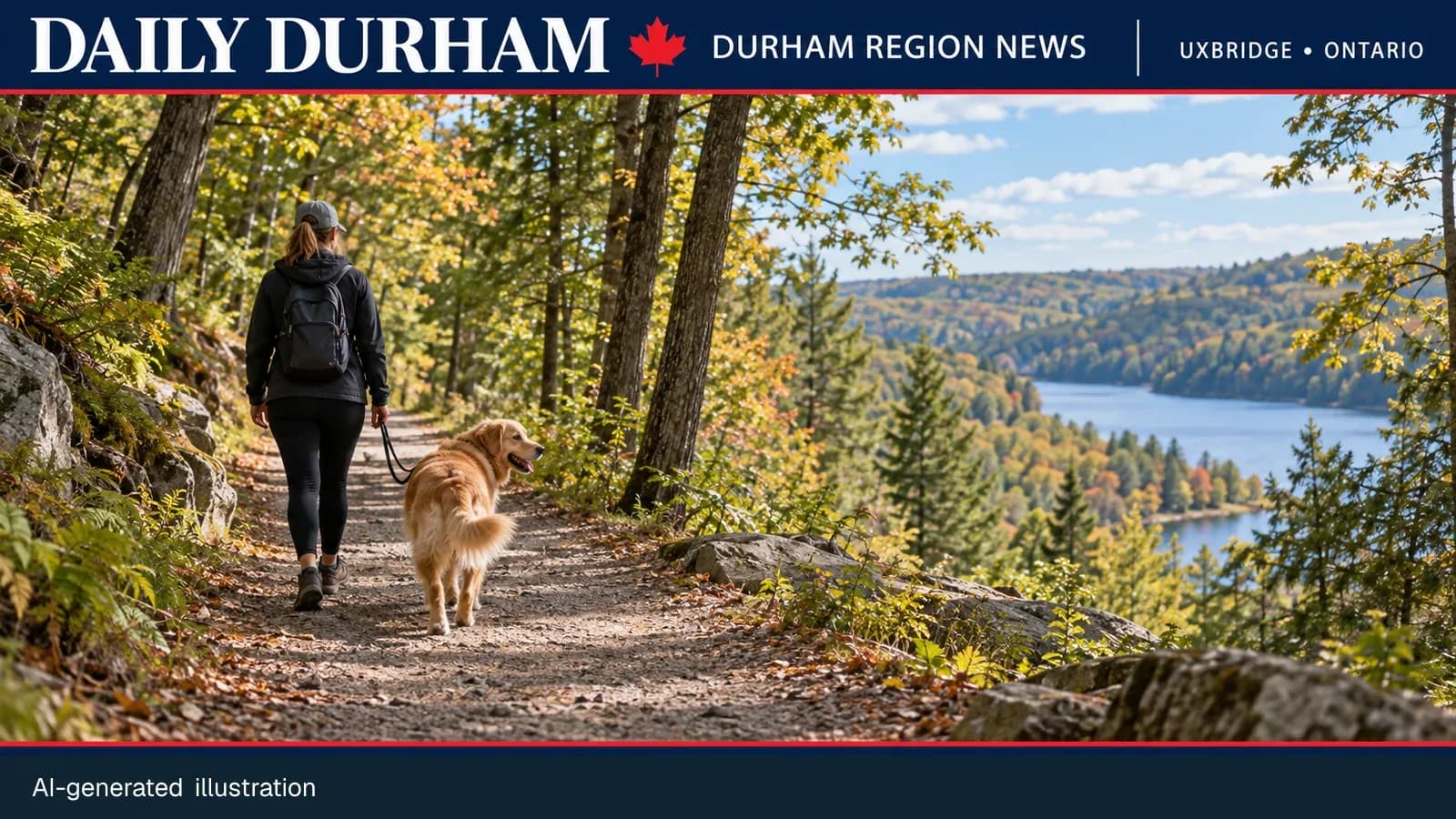 Generic person walking a dog on a wooded trail for a Uxbridge announcement; AI-generated illustration.