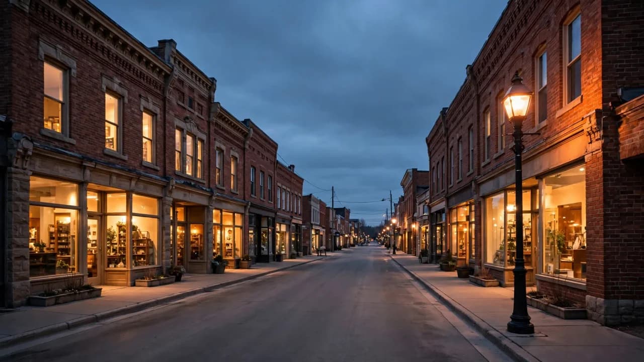 AI-generated illustration of a quiet heritage downtown main street at dusk