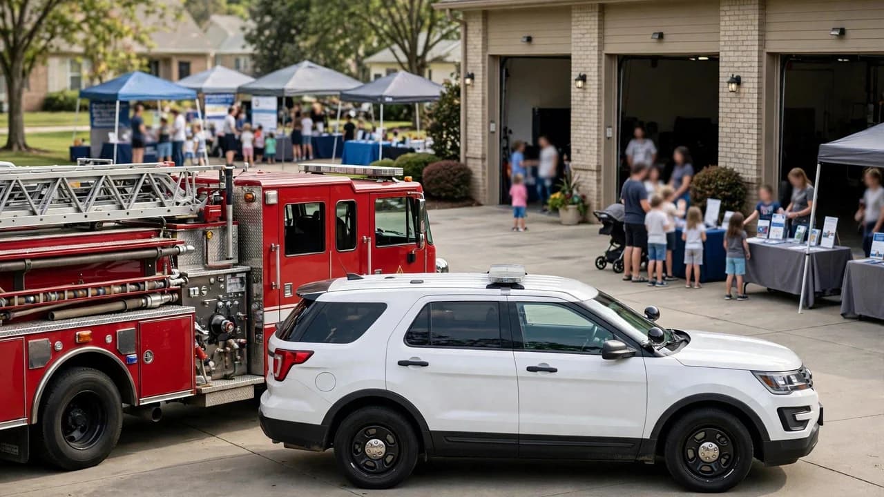 AI-generated illustration of a community safety open house at a fire station, with a fire truck and police SUV parked beside information booths