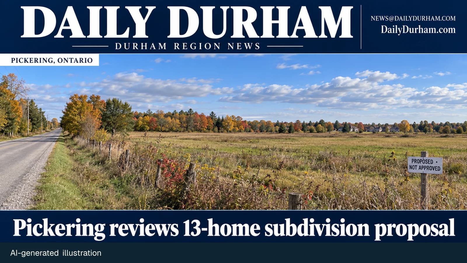Pickering subdivision proposal cover illustration showing rural Ward 3 field, clearly labeled proposed and not approved, with Daily Durham branding.