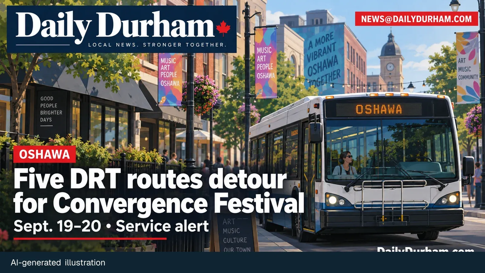 Daily Durham editorial illustration of a transit bus in downtown Oshawa during the Convergence Festival detour.