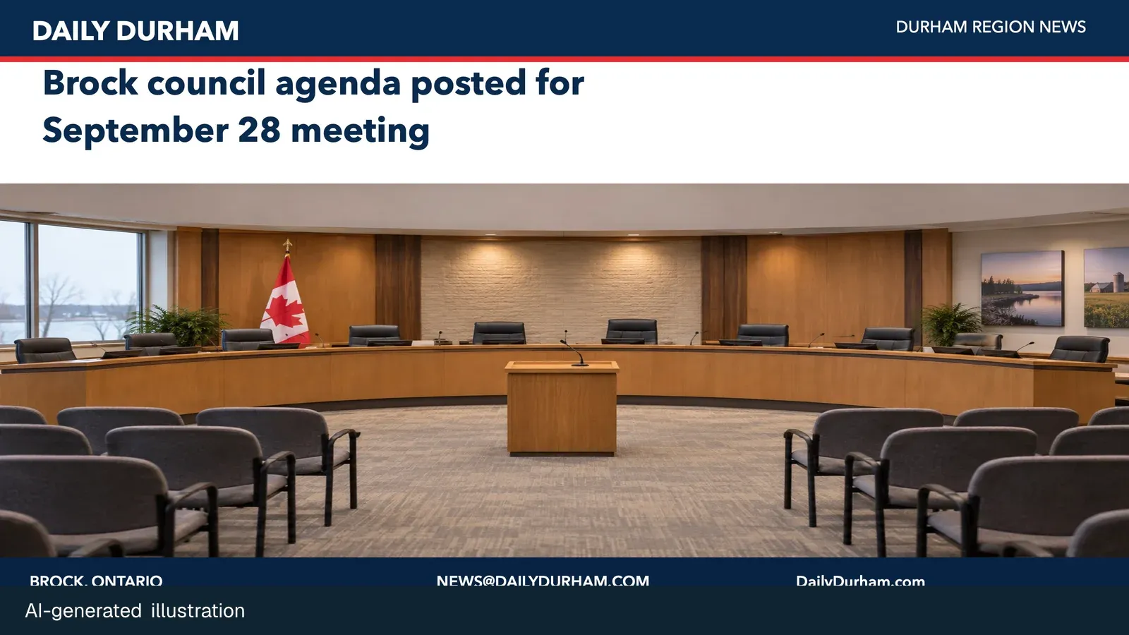 A municipal council chamber representing an upcoming Brock Township meeting.