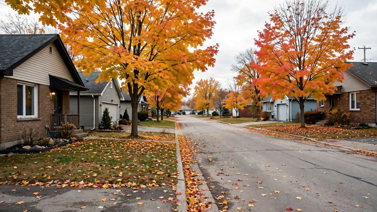 AI-generated illustration of a quiet suburban Ontario street in autumn
